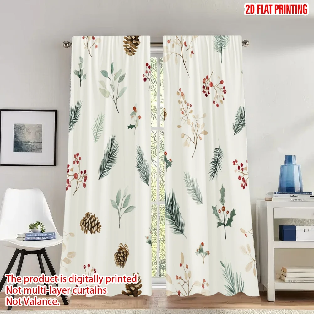 

2pcs 2D flat printing Happy Christmas fashion curtains Christmas Pine Cone Mistletoe Berries Digital Printed Polyester Drapes