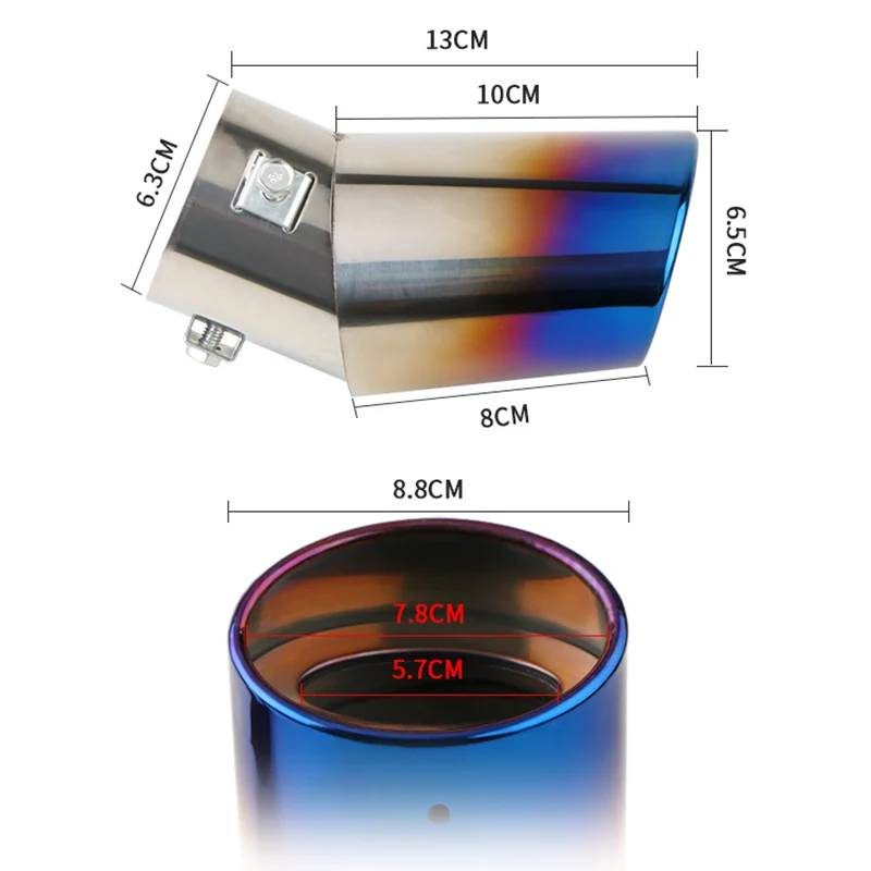 범용 자동차 배기 머플러 팁, 스테인레스 스틸 연소, 블루 후면 배기 팁 파이프, 자동차 액세서리, 2.5 인치