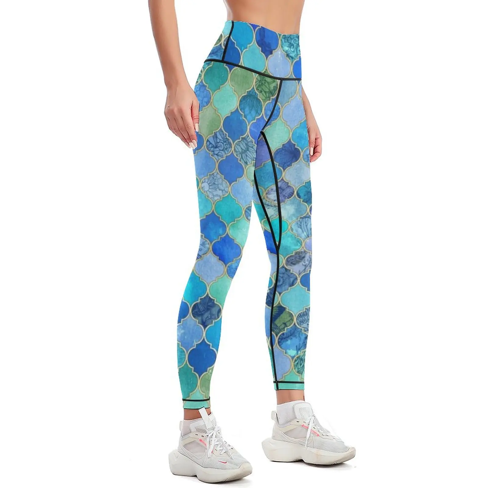 Cobalt Blue, Aqua & Gold Decorative Moroccan Tile Pattern Leggings Sports pants for high waist Womens Leggings