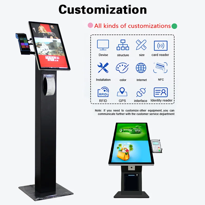 Menu Board Payment Kiosk Ticket Cheque Printing Vending Machine for Food and Drinks 15.6 Inch Vertical Black Touch Screen