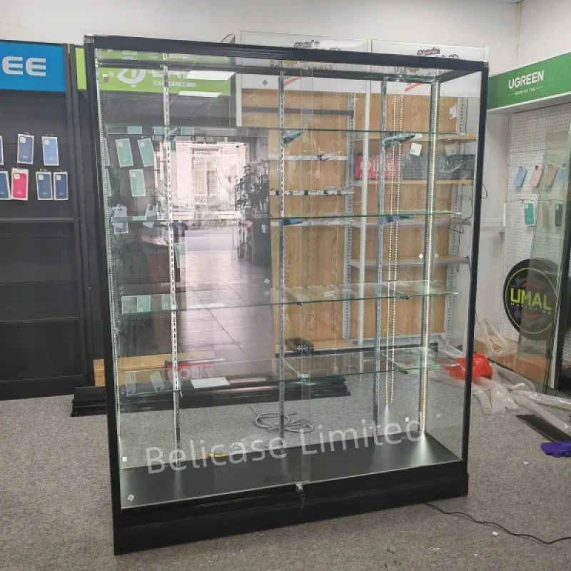 Custom, aluminum frame display with adjustable shelves glass display showcase wall cabinet for smoke shop decoration