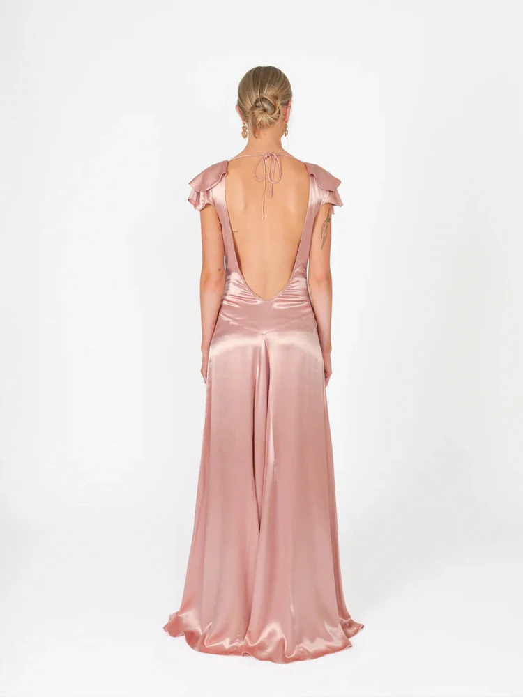 Sexy col en v drapé mince robe de soirée décontracté à volants manches dos nu solide robes robes femmes mode évider Satin longue robe