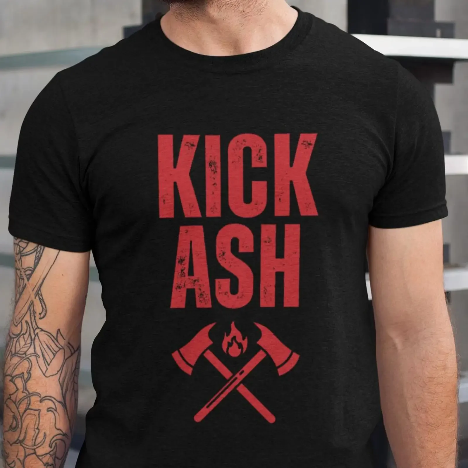 Kick Ash Holiday tee Firefighter axes T shirt Fire departmenT vintage Washed Stretched Top For Everyday Wear Breathable Unisex