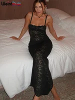 Vestido largo negro de encaje de gato extraño para mujer, vestido transparente sin mangas para mujer, vestido Sexy Coqueta para fiesta en club nocturno, Vestidos ajustados