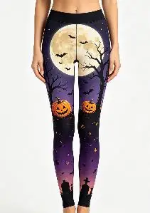 Ladies Mid‑Rise Fleece Lined Slim Leggings, Halloween Moon Bat Pumpkin Castle All‑Over Print Holiday Cosplay Leggings