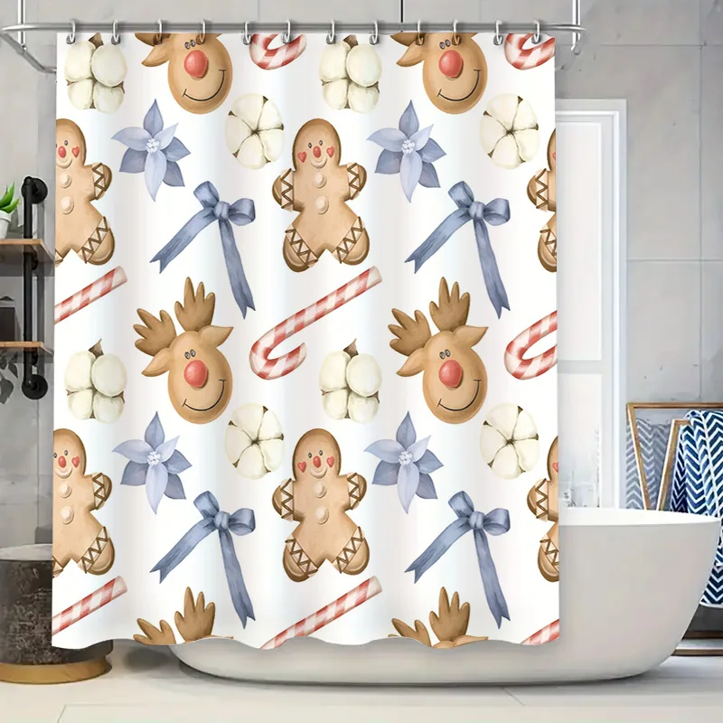 

Whimsical Xmas Shower CurtainGingerbread Men Reindeer with Candy Cane Decorations for Bathroom Blue Ribbon Bow White Background