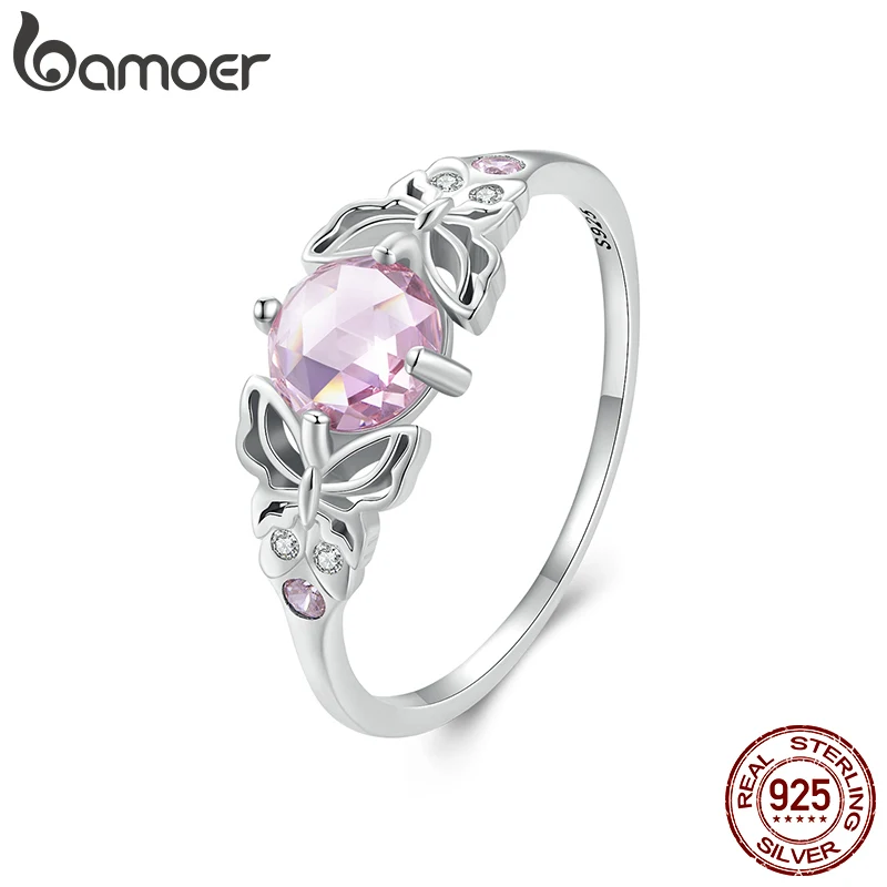 

Bamoer 925 Sterling Silver Pink Stone Hollow-out Butterfly Finger Ring Pave Setting CZ for Women Birthday Gift Fine Jewelry