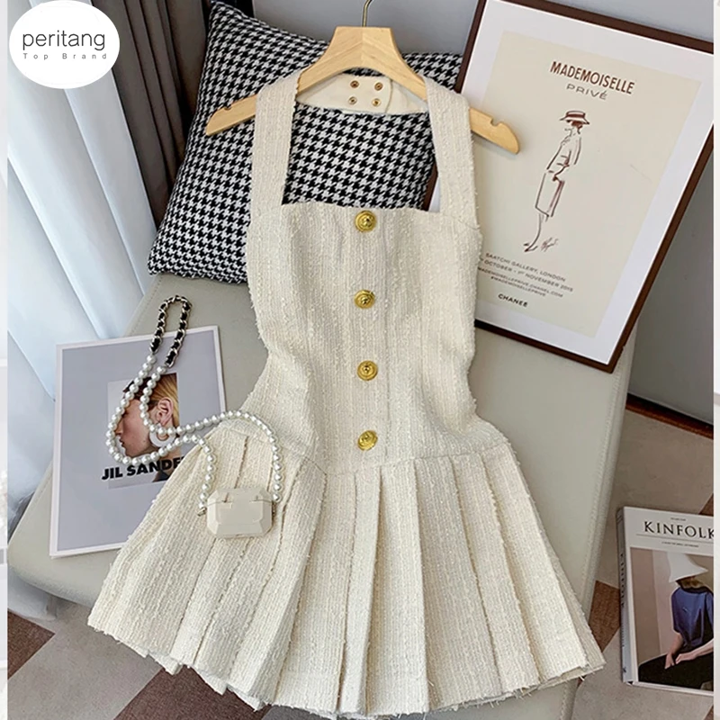 PERITANG Korean Sweet Tweed Small Fragrance Tweed Dresses For Women 2024 Fashion Summer Dress Hotsweet Sexy Party Dress