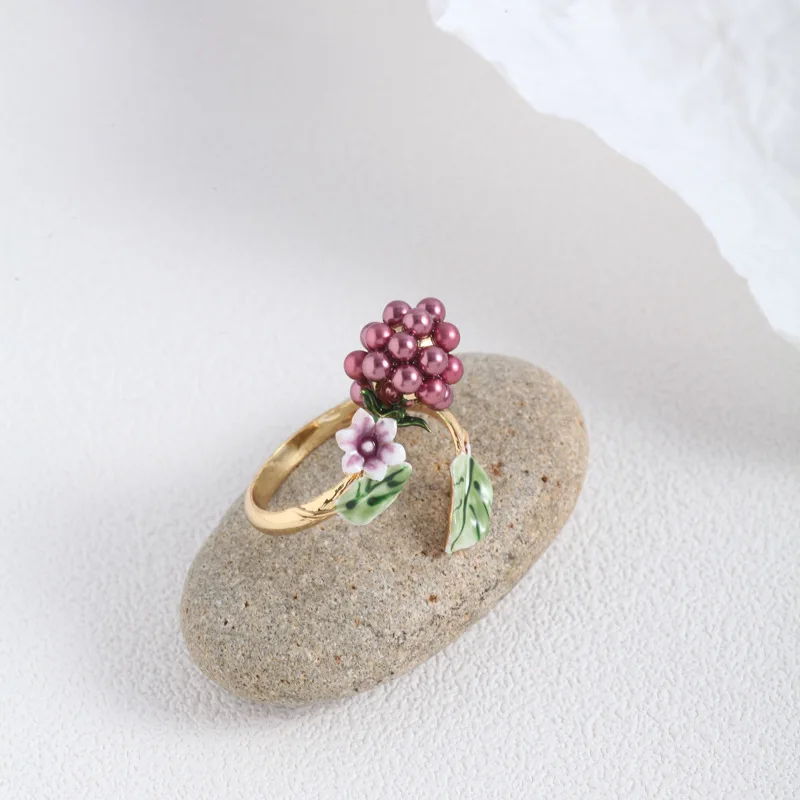 

Ручная роспись Эмаль Глазурь фиолетовый жемчуг Малина цветок зеленый лист Открытое кольцо