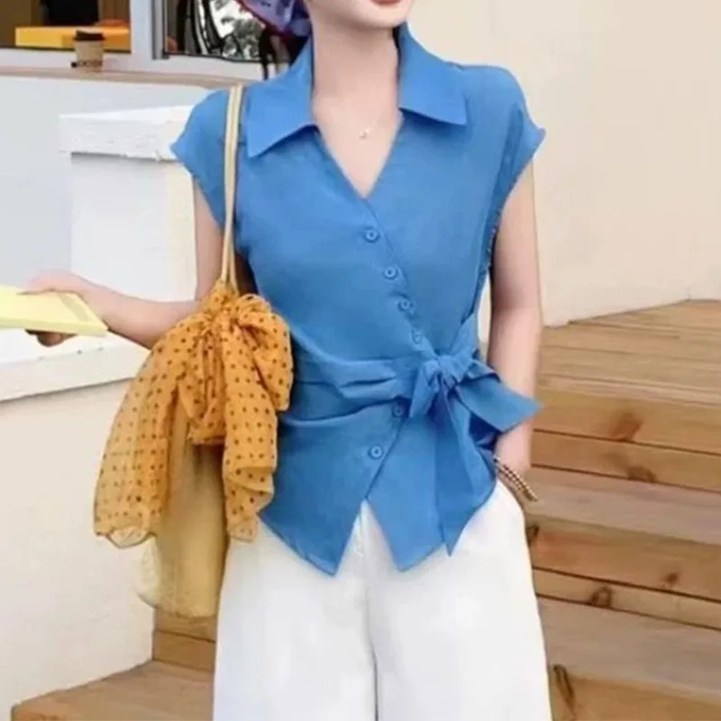 

Trendy Casual Tie Detail Short Sleeve Shirt Women Summer New Stylish Versatile Blouses