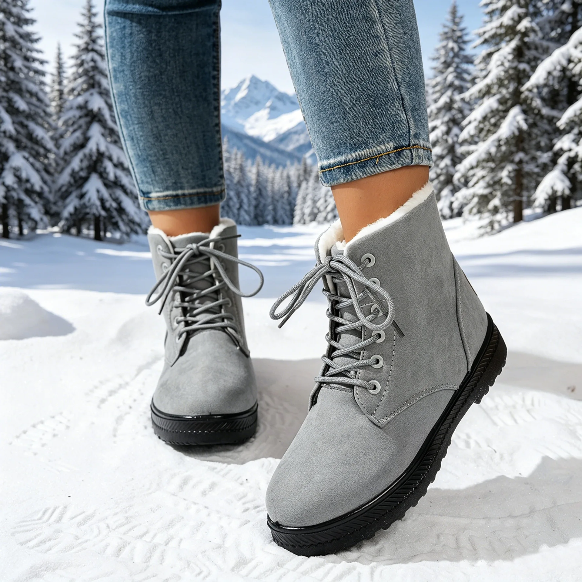 Damen Winter Schnür-Schneestiefel mit Wildleder-Optik, Fleece-Futter, Rutschfeste Dicke Sohle, Warme Knöchelhohe Kampfstiefel – Detail 1