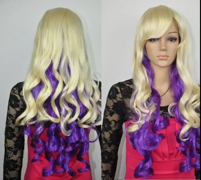 Perruque longue bouclée violette pour femme, mélange blond clair, fête de cosplay d'Halloween, Noël