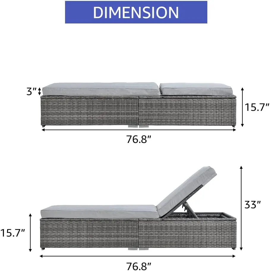 Outdoor Patio Chaise Lounge Chair, Elegant Reclining Adjustable Pool Rattan Chaise Lounge Chair with Light Grey Cushio