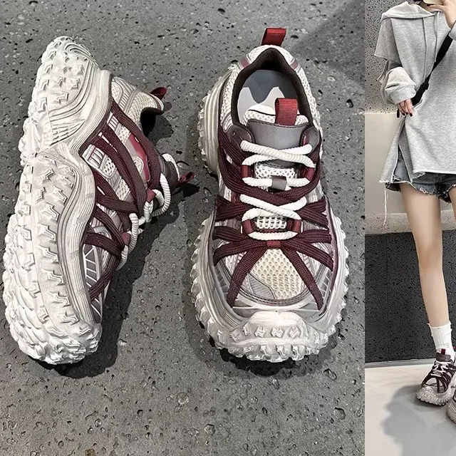 

Vintage Leather Dad Shoes Women's Sporty Thick Bottomed Red Orla Canvas Crossed Laces Waterproof Platform Stitched Insoles