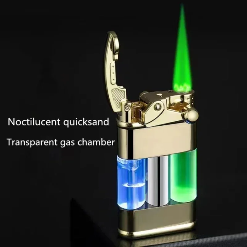 HOT Metal Rocker Arm Luminous Quicksand Windproof Butane Gas Lighter Transparent Oil Tank LED Light Green Flame Lighters Smoking
