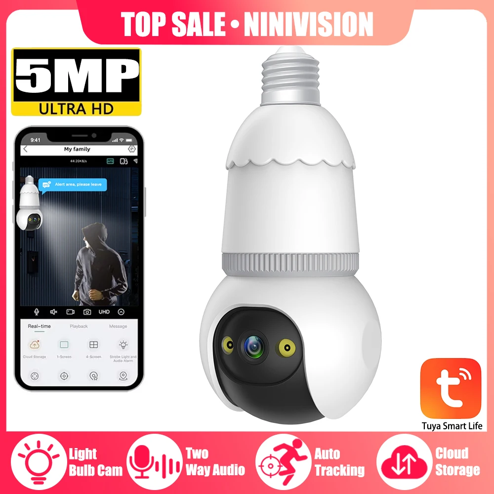 

TUYA Smart 5MP E27 Bulb Camera Wifi Surveillance With LED Bulb CCTV PTZ Auto Tracking Two-way Audio Color Night Vision Wireless