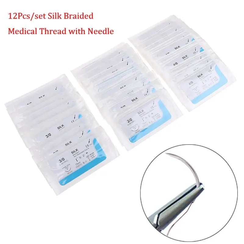 12Pcs/set 2.0/3.0/4.0  Needle Suture Nylon Monofilament Thread Suture Practice Kit Teaching Demonstrations Exercises