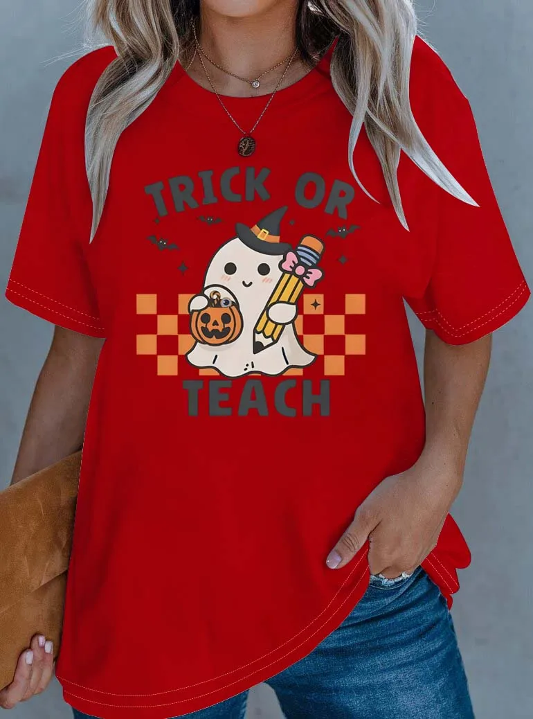 Elegancki strój plus size z motywem ducha, dyni i nietoperza \"Trick or Treat\".
