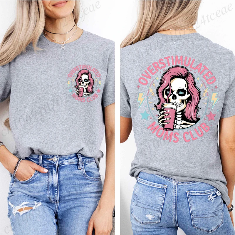Women Overstimulated Moms Club Funny Skeleton Graphic T Shirt Vintage Y2K Streetwear Short Sleeve Casual Mom Life Tee Tops Gift