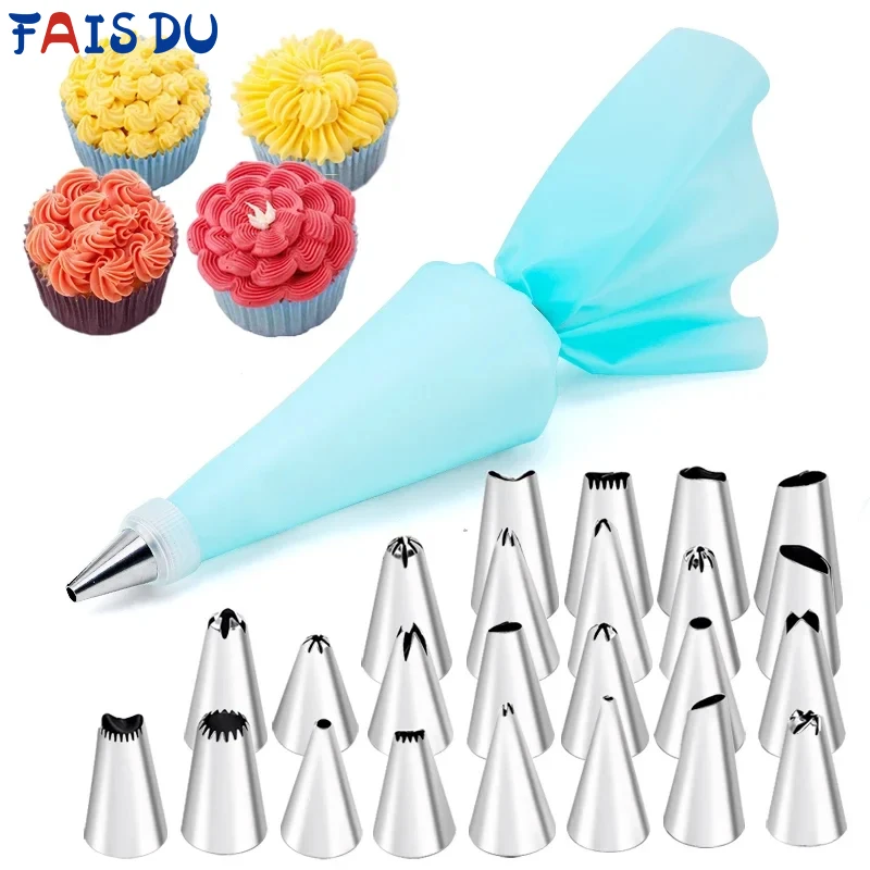 6-24Piece Blue Set Pastry Bag and Stainless Steel Cake Cream Nozzle For Decorating Baking Cream Cake Confectionery Kitchen Tools