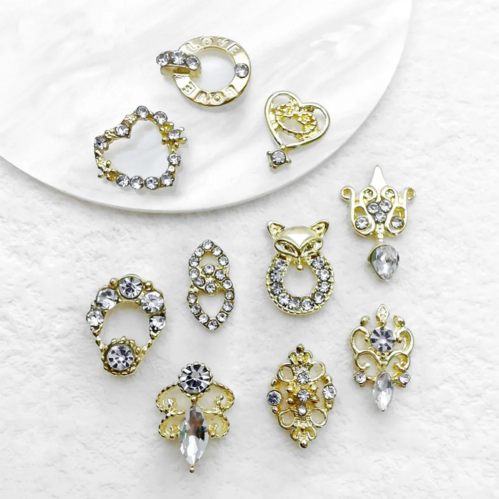 10Pcs/lot 3D Alloy Heart Nail Art Charms Gold/Silver Hollow Fox Rhinestone Gems Baroque Luxury DIY Nail Jewelry Accessories