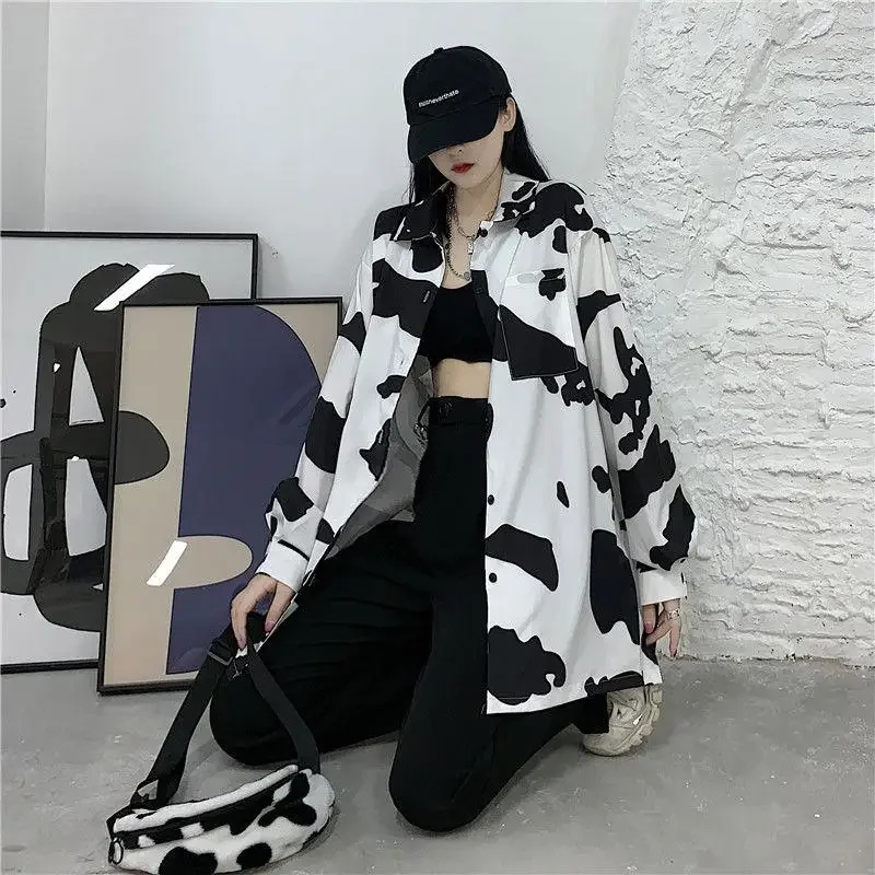 Cow Print Woman Man Blouses Harajuku Colorblock Cartoon Button Up Shirt Loose Long Sleeve Casual Vintage Streetwear Fall Blusas