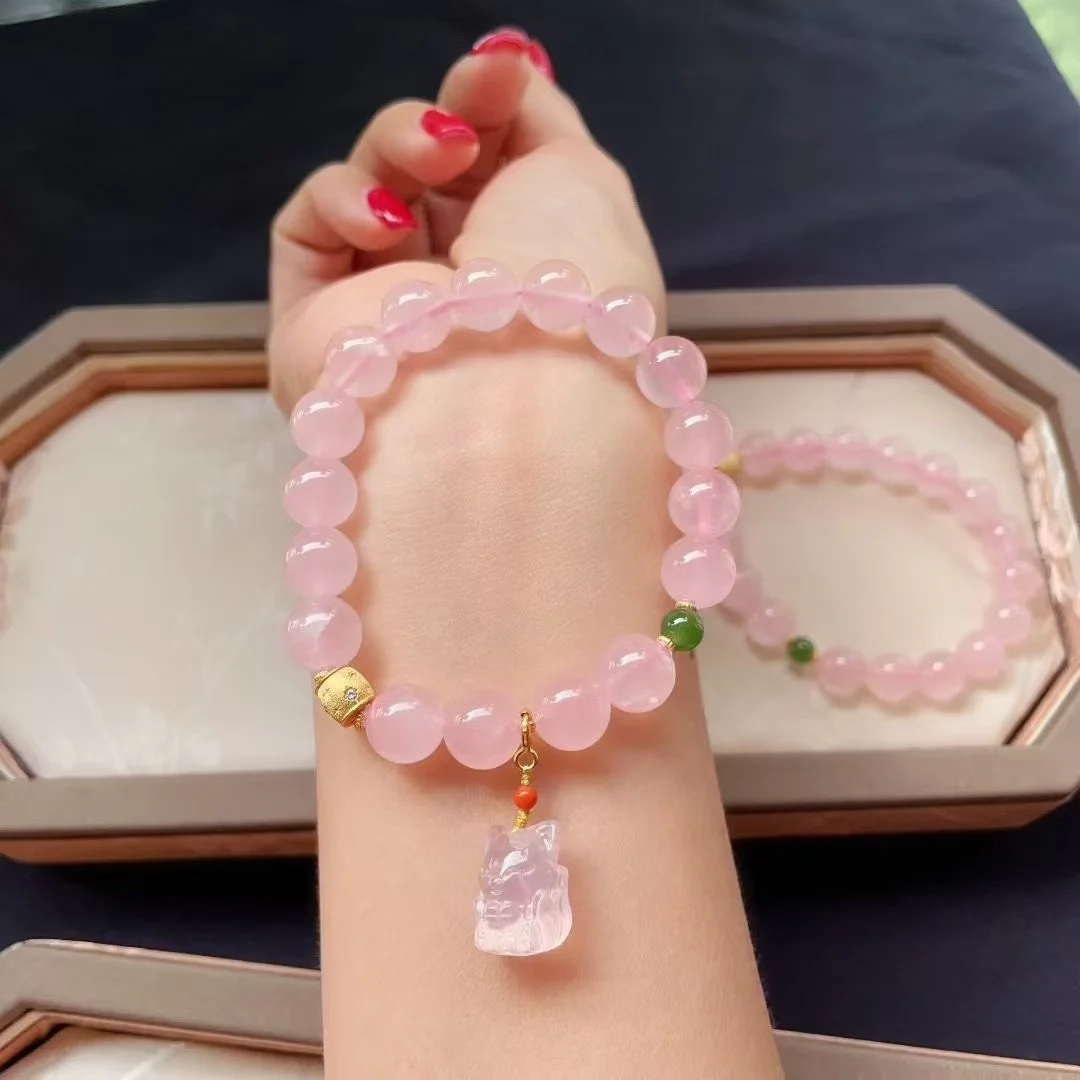 Certificado, pulsera de cuentas de cristal rosa Natural de 12mm con abalorio de zorro de cuarzo auténtico, cadena hecha a mano que mejora la joyería del amor