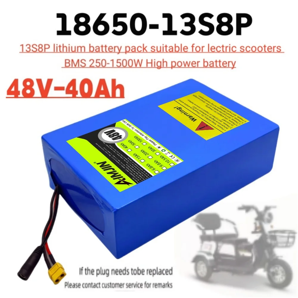 18650 Lithium Battery Pack 13S8P 48V 40000mAh 40Ah Large Capacity Suitable for 48V 250-1500W Built-in BMS+54.6V2A Charger