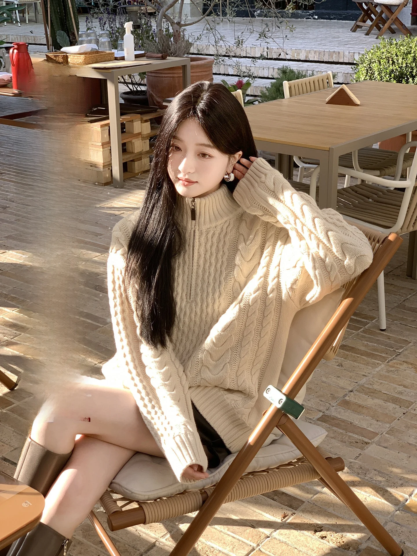 

Винтажный вязаный свободный свитер Aboutpoem для женщин, зимний, с воротником-стойкой на молнии, в рубчик, с длинными рукавами, цветной