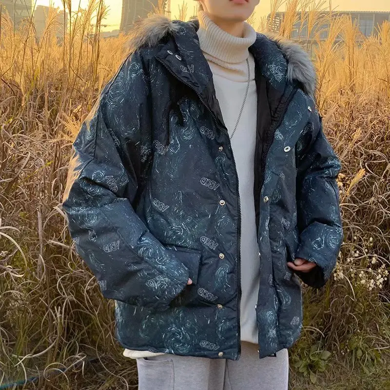 

Winter Thiened Men's Cotton Jaet with Large Fur Collar Ins Hong Sle Fce Lined Warm Outerwear Student Cotton Coat