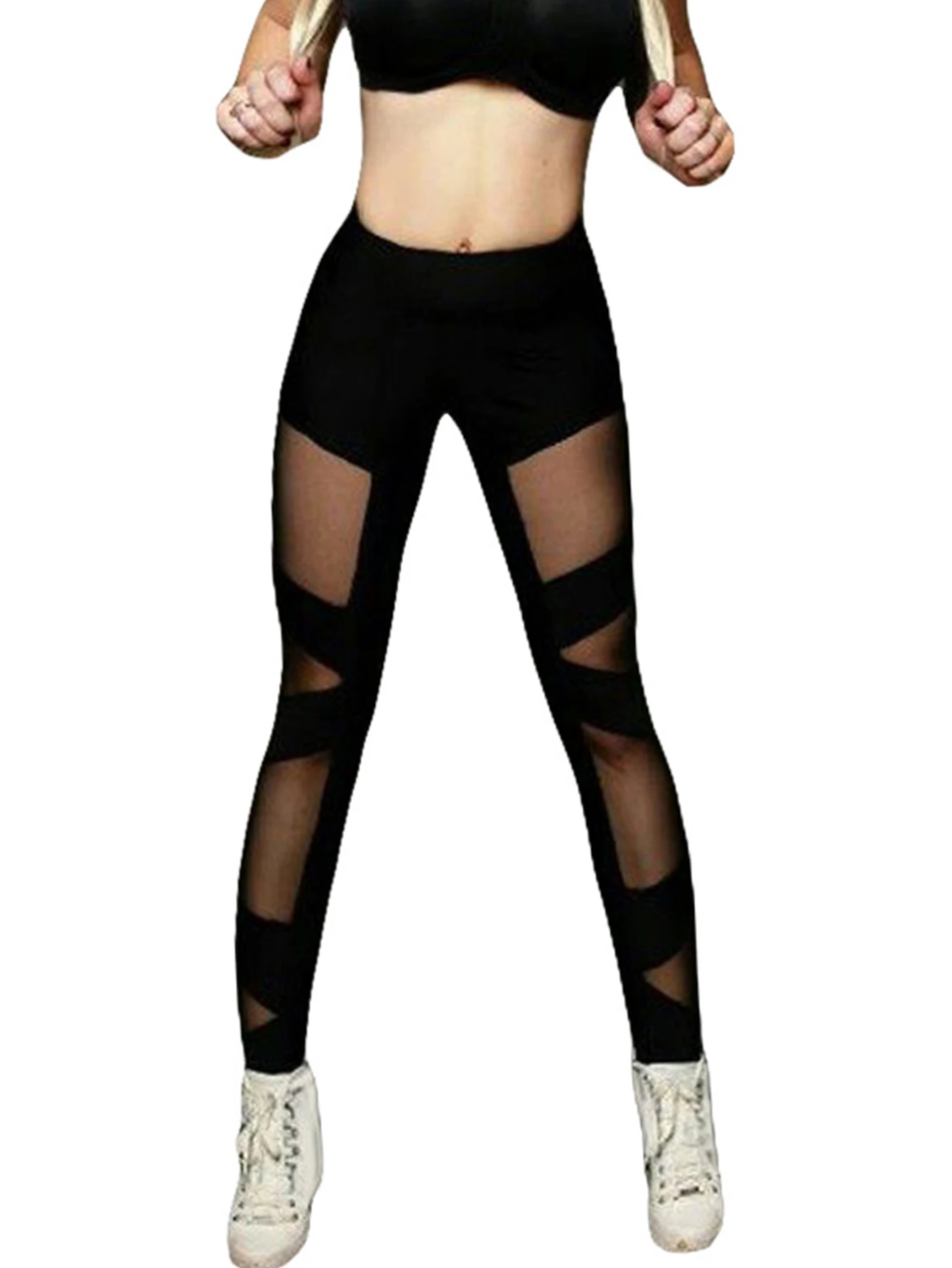 New Mesh Splicing Cross Leggings Sexy See-through Mesh Mesh Nine-point Pants Mesh Splicing High Stretch Small Pants Women