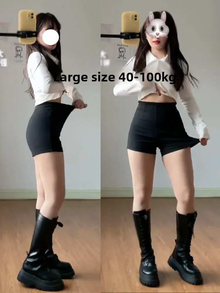 

High Waist Elastic Casual ort Pants Bla Base Layer Spring New plus Size Fat MM Outdoor Wear A-Line Hot Pants