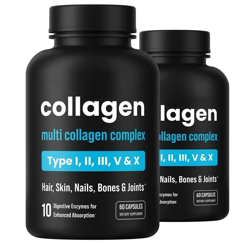 

60 capsules of various collagen types I, II, III, V, and X double hydrolyzed collagen for healthy skin, hair, nails, and joints