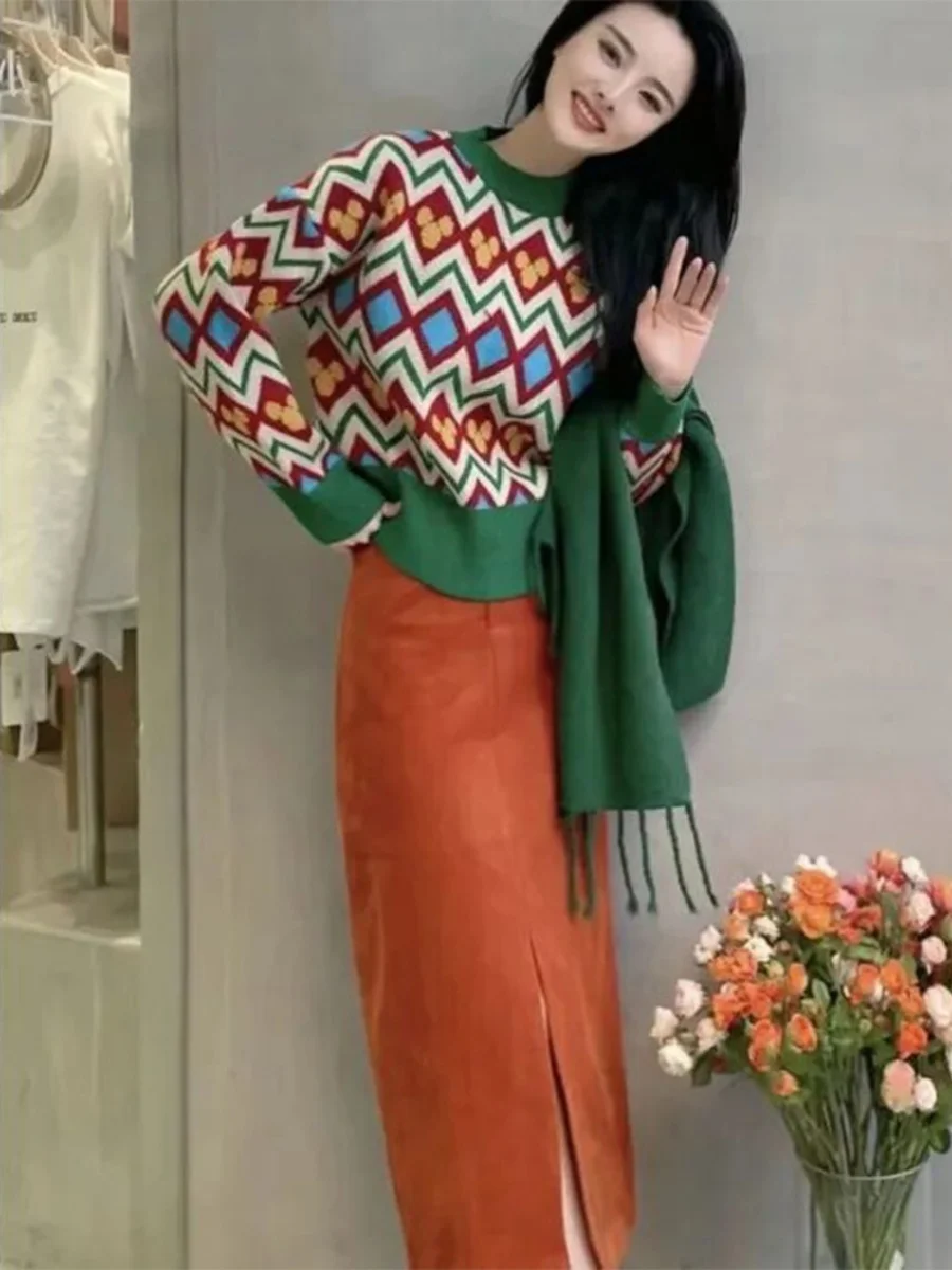 Retro f Rock Set Damen Winter Einzelstück Set Farbe Blo rund Ne Pullover Schlankheits Cord Split Rock Faion Set