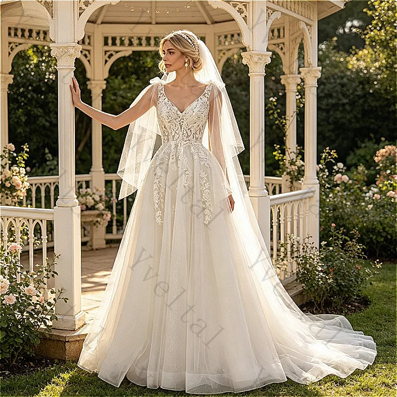 Customized Dignified Temperament Bow Wedding Dresses Resses Lace Appliques Zipper A-line Tulle Sleeveless Enchanting Bridal Gown