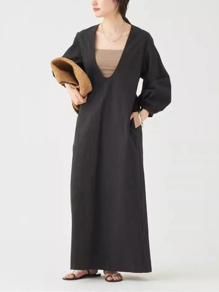 U-neck Long Sleeve Women Dress Japan Loose Casual Vestidos Simple Dresses 2024 Spring Summer New Vestido Pockets Ropa Mujer