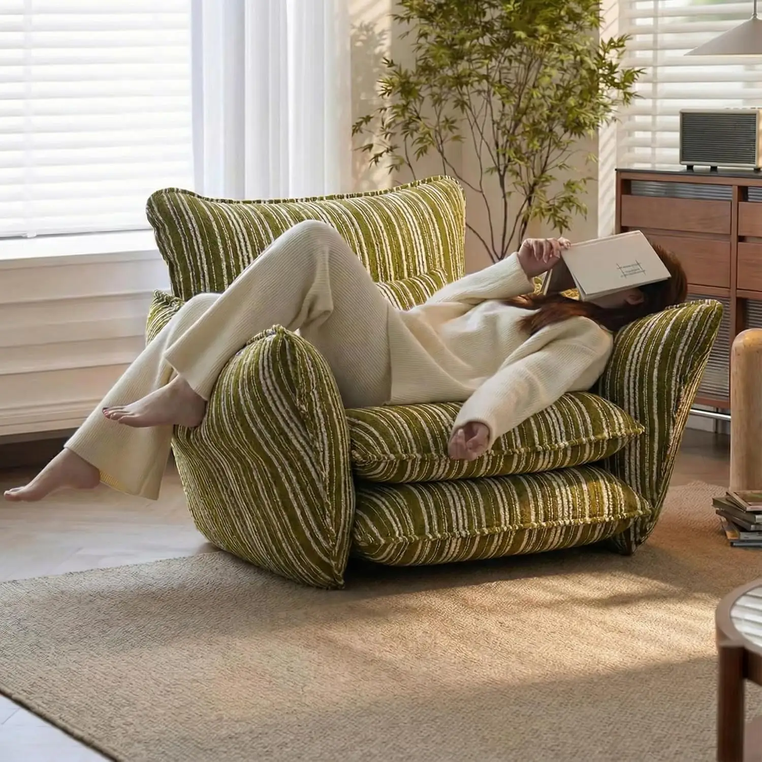 Oversized Chenille Accent Chair Lumbar Pillow Wide Armrest Deep Seat 7in High-Density Foam 350lb, Customized