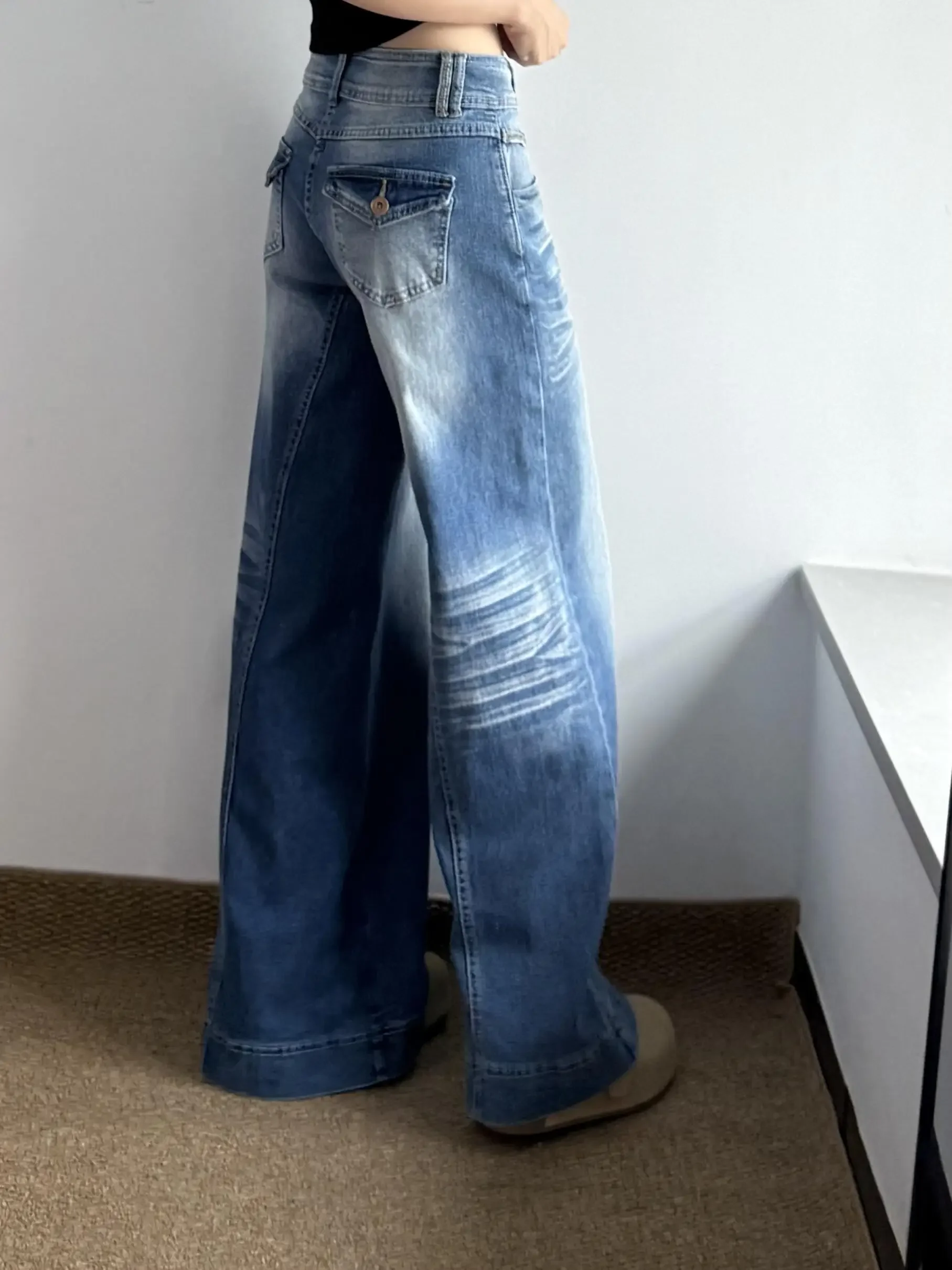 zjaiss Autumn Winter Washed Drape Straight Floor-Length Long Denim Pants Vintage Blue Low Rise Wide Leg Slimming Women Jeans