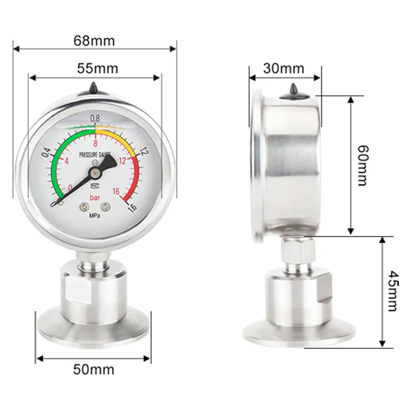 60mm Diameter Diaphragm Pressure Gauge Air Oil Water Stainless Steel Shock Resistant Diaphragm Quick Mount Clamp Chuck YNTP60BF