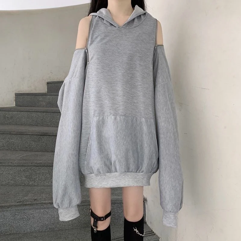 2022 Fahsion Black Off-shoulder Grunge Y2K Emo Hoodies Women Korean Style Streetwear Hooded Sweatshirt Gothic Mall Goth Tops 90s