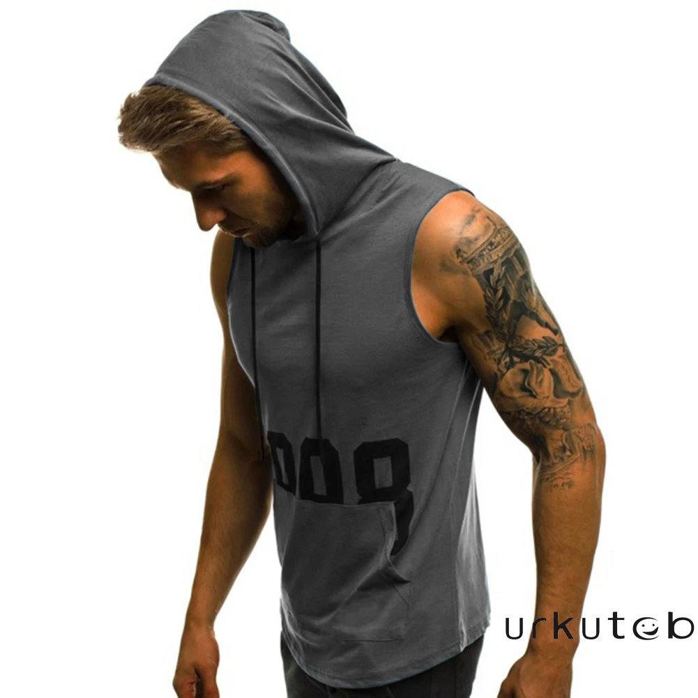 Solid Color Casual Men Muscle  gym Hoodie Tank Top  Letter Loose cotton Bodybuilding Sleeveless Vests Hooded Men T-shirt