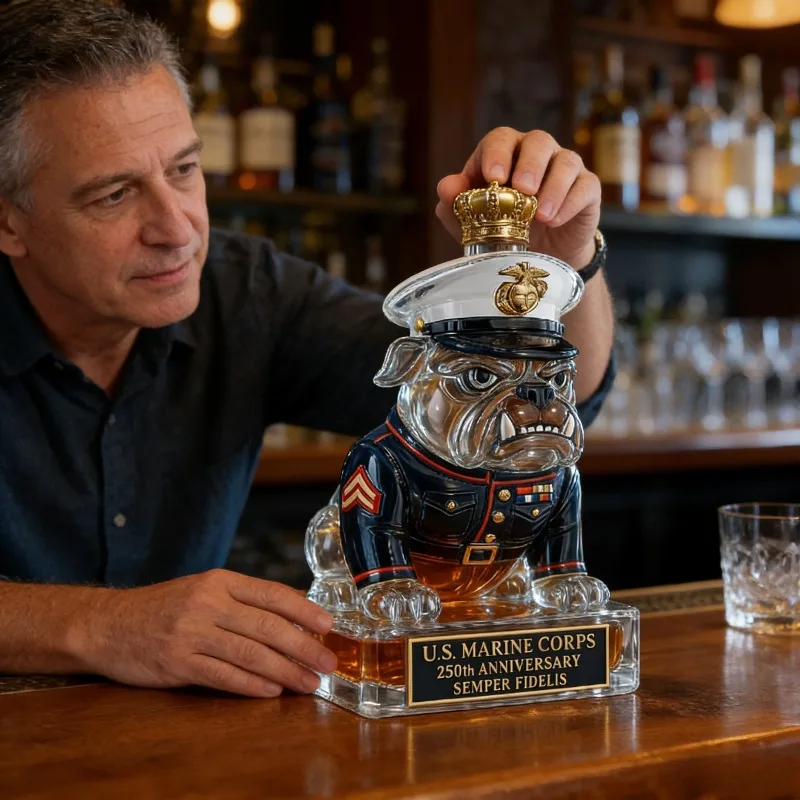 U.S. Marine Corps Bulldog Whiskey Decanter, 250th Anniversary Military Glass Bottle for Bar Decor & Veteran Gifts