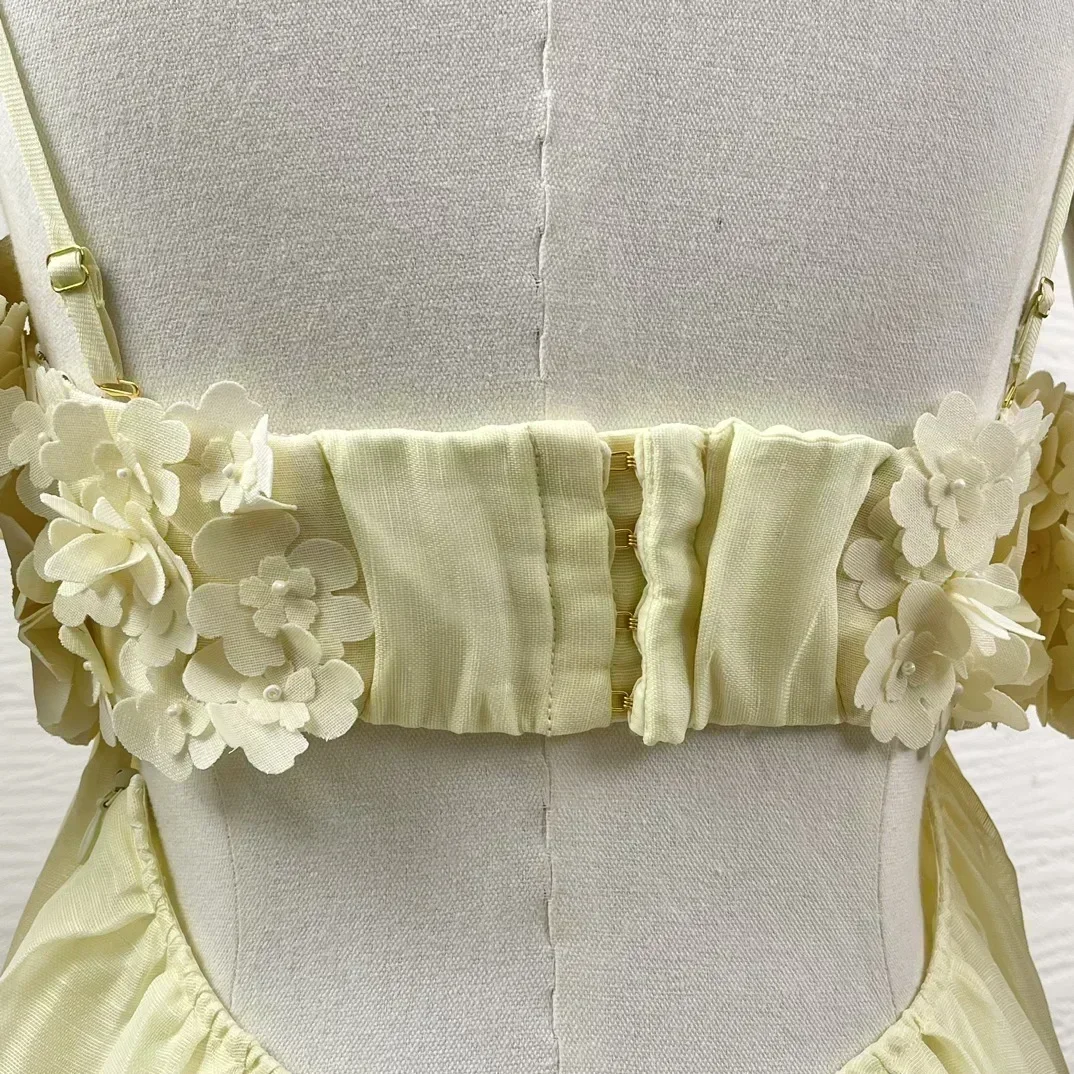 Linen Silk 2024 New Summer Design Collection Yellow High Quality Three-dimensional Decoration Cut Out Back Mini Tube Dresses