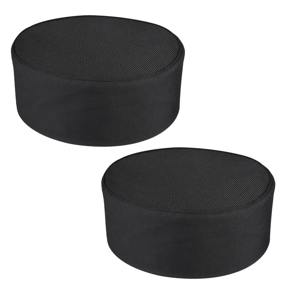 2 Pcs Black Chef Caps Breathable Combed Fabric Adjustable Size Mushroom Hat for Kitchen Restaurant Cafe Barbecue