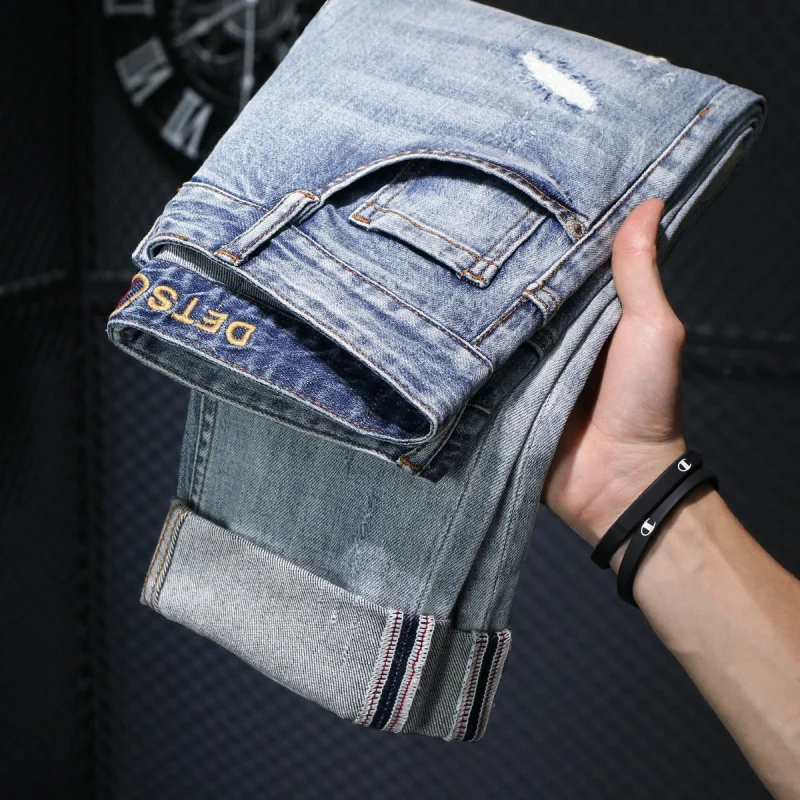 High-End Jeans Men's Summer Scratch Design Street Fashion Elastic 2024 New Versatile Casual Handsome Ripped Pants