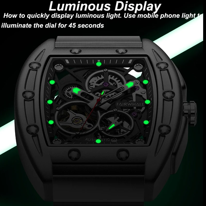 FAIRWHALE Mens Watch Top Brand Automatic Movement Luminous Double Flywheel Skeleton Mechanical Watches for Men Relogio Masculino