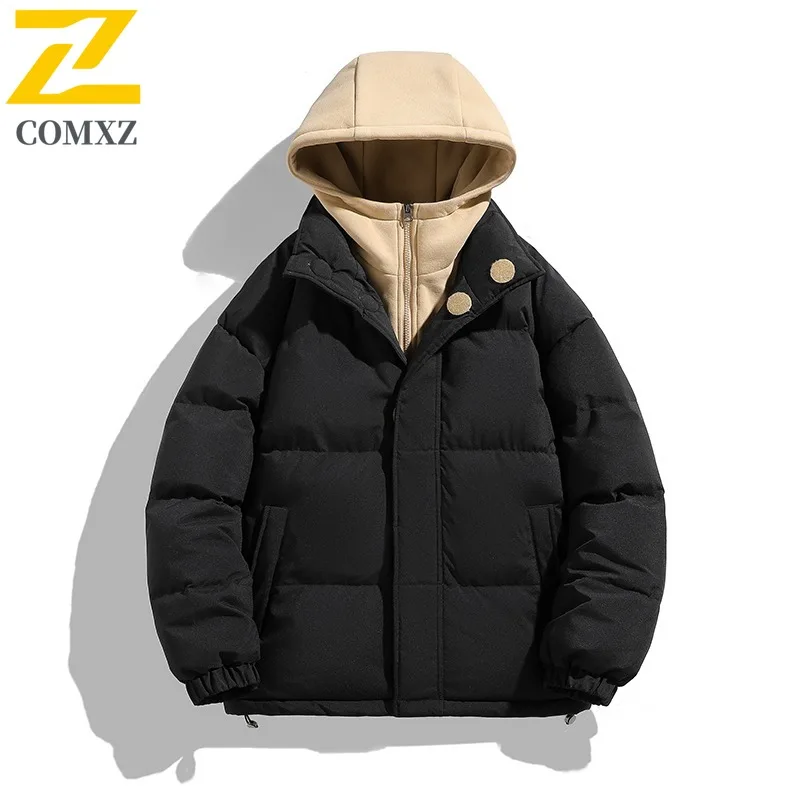 COMXZ Winter Couple Cotton Coat Casual Puffer Jacket Thick Color Block Fake Two Piece Hooded Men Quilted lightweight windbreaker