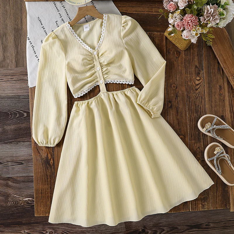 Teen Girls Light Yellow Textured Dress, Ruched Front Lace Trim Long Sleeve Cutout Waist Casual Daily Dress