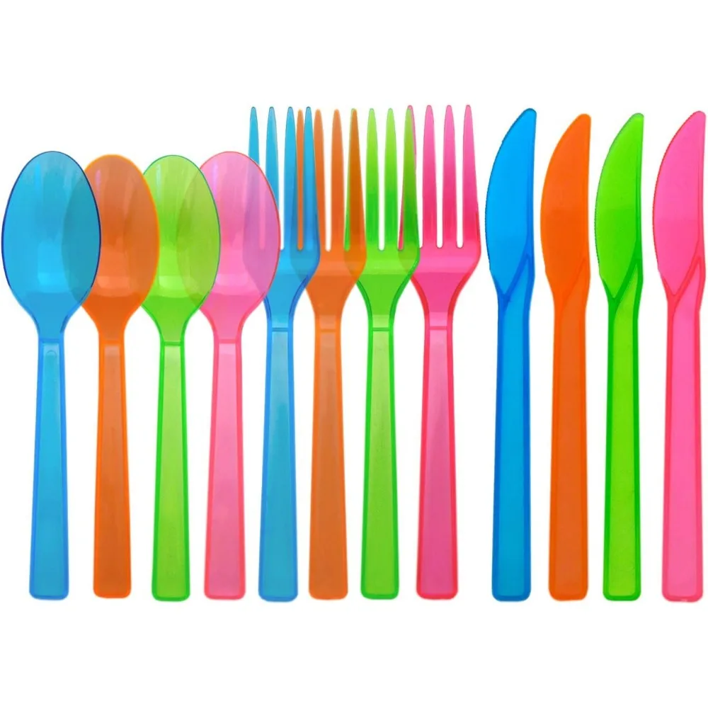 

Neon Colored Medium-Weight Hard Plastic Cutlery Set, 480 Place Settings Including Knives, Forks, and Spoons