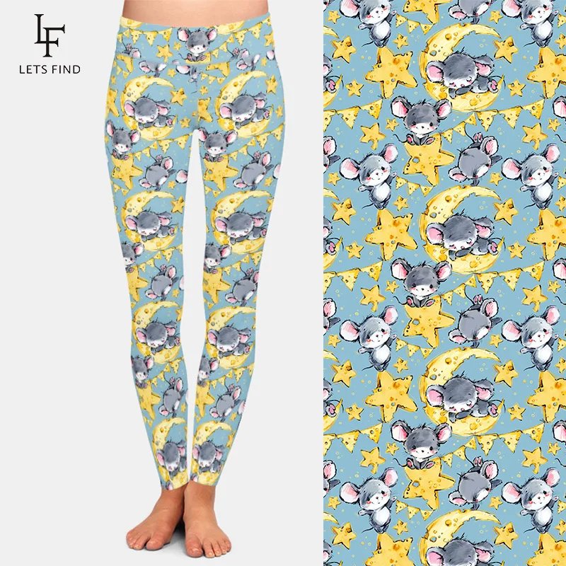 LETSFIND 3D Cute Cartoon Mouse Print Leggings Fitness da donna Leggings Slim da donna in poliestere elastico a vita alta di moda